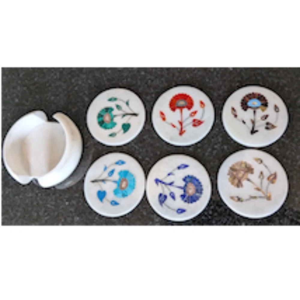 Handcrafted Marble Inlay Floral Coasters Set of 6 + Holder